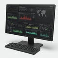 A black computer monitor and keyboard display multiple data dashboards on a dark- Royalty Free Stock Photo