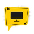 Black Computer monitor screen icon isolated on white background. Electronic device. Front view. Yellow speech bubble