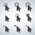 Black Computer mouse click cursor arrow icons set. Vector illustration isolated on modern background. Royalty Free Stock Photo