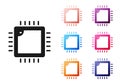 Black Computer processor with microcircuits CPU icon isolated on white background. Chip or cpu with circuit board. Micro Royalty Free Stock Photo
