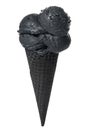 Black cone, wafer cup with scoops of black ice cream is isolated on white background
