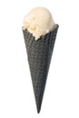 black cone, waffle cup with ice cream is isolated on white background, close up