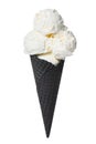Black cone, waffle cup with scoops of ice cream is isolated on white background