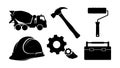 Black construction tools silhouette set with helmet hammer concrete mixer and paint roller vector illustration Royalty Free Stock Photo