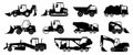 Black construction trucks. Heavy industrial vehicles silhouettes. Working transport set for earthwork, lifting and Royalty Free Stock Photo