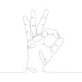 Black continuous icon contour of ok gesture on white background. Minimalism, vector illustration. Trendy one line drawing art