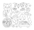 Japanese lucky cat, sushi and traditional food black outline for coloring page