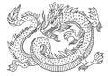 Black contour dragon on white background. Chinese New Year. Vector line art for coloring book, tattoo design