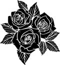 black contour drawing of a bouquet of three roses on a white background