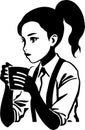 black contour drawing of a girl drinking coffee, monochrome graphics