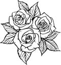 black contour drawing of three rose flowers with leaves on a white background