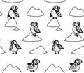 Black contour Puffins on the rocks seamless pattern