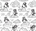 Black contour Puffins on the rocks seamless pattern