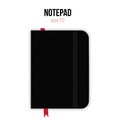 Black copybook template with elastic band and red bookmark inside. Realistic Vector illustration.