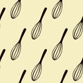 Black corolla silhouettes seamless doodle pattern. Kitchen mixing equipments on light yellow background