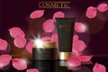 Black cosmetic ad design template. Dark golden skin care package tube glass reflection. Rose petals defocuced background