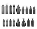 Black cosmetic bottles mockups: shampoo, lotion, spray, gel, shaving foam