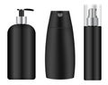 Black cosmetic jar. Shampoo bottle, pump container
