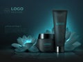 Black cosmetic product background. Luxury beauty skincare cream realistic 3D makeup tube. Cosmetic promotion template