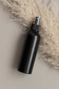 Black cosmetic spray bottle mockup with a pampas on the beige background Royalty Free Stock Photo