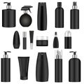 Black cosmetics bottle set. 3d mock-up package. Vector illustration of spray, dispenser and dropper, cream jar, shampoo Royalty Free Stock Photo