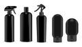 Black cosmetics sprayer and shampoo, gel bottle Royalty Free Stock Photo