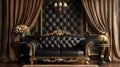 A black couch sitting in front of a wall with gold curtains, AI Royalty Free Stock Photo