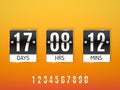 Black Countdown timer with white numbers isolated on orange background.