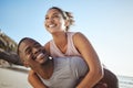 Black couple, beach and fitness with a piggy back ride for fun, energy and freedom while on vacation with happiness Royalty Free Stock Photo