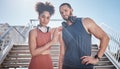 Black couple, city stairs portrait and fitness with headphones, music and motivation at outdoor workout. Exercise couple Royalty Free Stock Photo