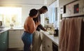Black couple, cooking and helping with food in kitchen at home while together to cook healthy food. Happy young man and Royalty Free Stock Photo