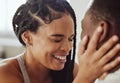 Black couple, face and laugh in bedroom, romance and morning for bonding, care and romance in home. Happy couple, smile Royalty Free Stock Photo