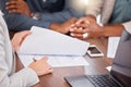 Black couple holding hands, financial advisor and investment planning with bank documents and contract. Accounting