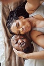 Black couple, love and bedroom selfie while happy and funny together, pouting on bed at home, apartment or hotel Royalty Free Stock Photo