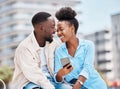 Black couple, love and happy on date, summer vacation holiday posting on social media or browsing internet. Romance Royalty Free Stock Photo