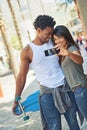 Black couple, phone and travel with smile for selfie, vacation or summer break and relationship moment. Happy African Royalty Free Stock Photo
