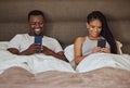 Black couple, smartphone and happiness together in bed for social media streaming, relax quality time or reading online