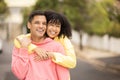 Black couple, smile and hug portrait of young people with love, care and bonding outdoor. Happy woman, man and summer Royalty Free Stock Photo