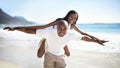 Black couple, smiling and piggyback with portrait, beach and married for summer vacation. African, enjoying and happy