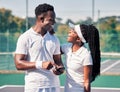 Black couple, tennis and phone, laughing or smile for online communication or social media fitness. African man, woman Royalty Free Stock Photo