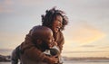 Black couple, travel and beach fun while laughing on sunset nature adventure and summer vacation or honeymoon with a Royalty Free Stock Photo