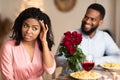 Black Couple On Unsuccessful Blind Date In Restaurant Royalty Free Stock Photo