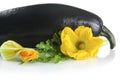Black courgette with flowers on white with leaf Royalty Free Stock Photo