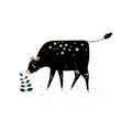 Black Cow Grazing on Meadow, Dairy Cattle Animal Husbandry Breeding Vector Illustration