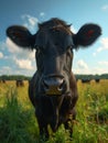 Black cow is looking at the camera in green field Royalty Free Stock Photo