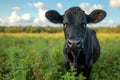 Black cow is standing in green field and looking at the camera. Royalty Free Stock Photo