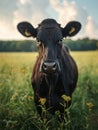 Black cow stands in green field and looks at the camera Royalty Free Stock Photo