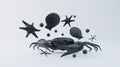 Black crab with abstract black shells, starfish and pearls on white background. In middle. 3d rendering.