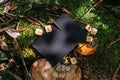 Black craft paper mockup template on the background of forest magic nature