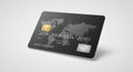 A black credit card features an embossed world map design in grey. The card includes Royalty Free Stock Photo